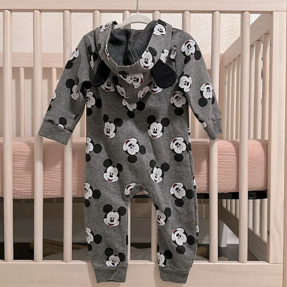 Disney Gray Mickey Mouse Hooded One-Piece Bodysuit